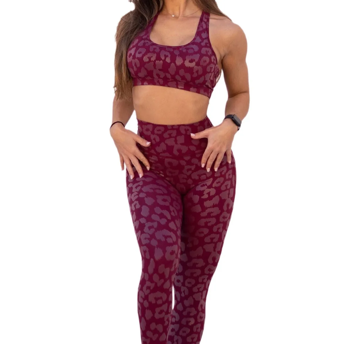 Pmwrun Women\'s Active Wear New Leopard Pattern Foil Shiny Fitness Vest High Waist Hip Lift Leggings Two Piece Yoga Suit Set