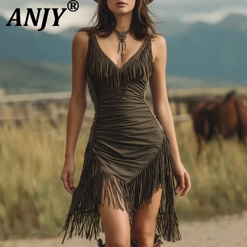 

ANJY Summer New Women Sexy Tassel V-Neck Sleeveless Slim Camisole Dress Trend Pleated Solid Color A-Line Ins Braces Skirt A21775