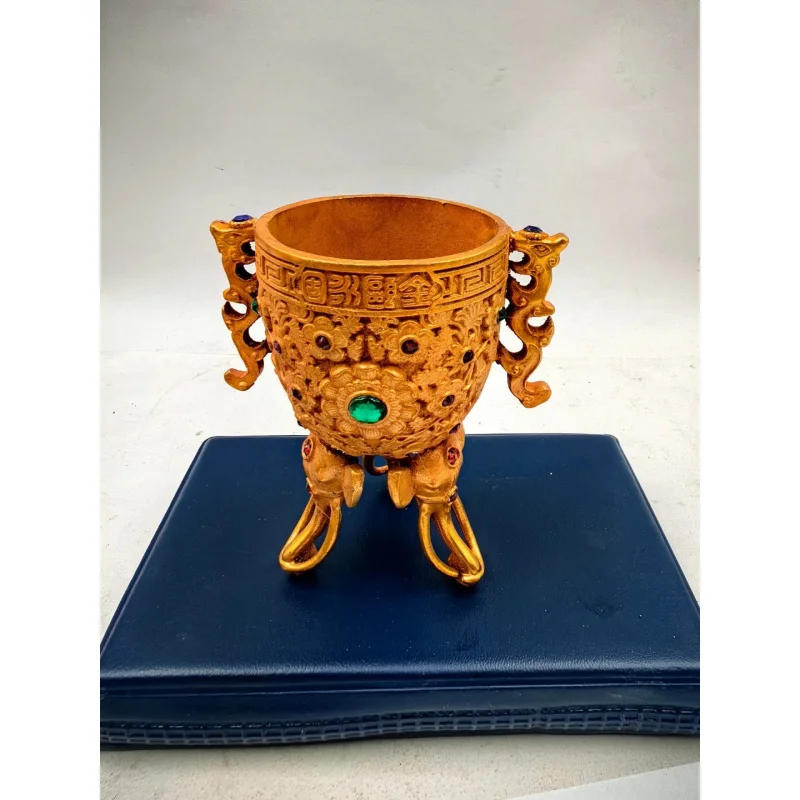 

Antique Imitation Collection Gilded Inlaid Gemstone Eternal Cup Three-Legged Elephant Leg Wine Cup Home Decor Craft Ornament