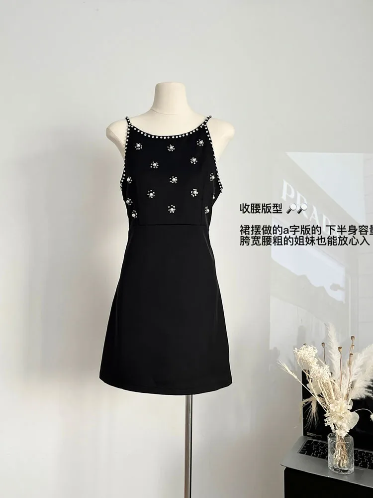 Vestido de tirantes finos con diseño de flores y diamantes para mujer, vestido negro de lujo, cuello redondo, línea A delgada, vestidos de una pieza, moda japonesa, nuevo, Verano