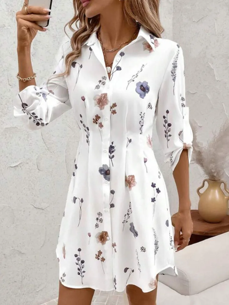 Fashionable and elegant ladies printed lapel button-down shirt dress, simple temperament, all-match commuter loose long skirt