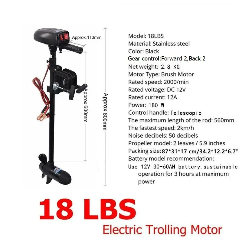 Solarmarine Electric Trolling Motor, 18 LBS, 180 W, 2 kW/H, Outboard Engine for Inflatable Boat, Rowing Kayak