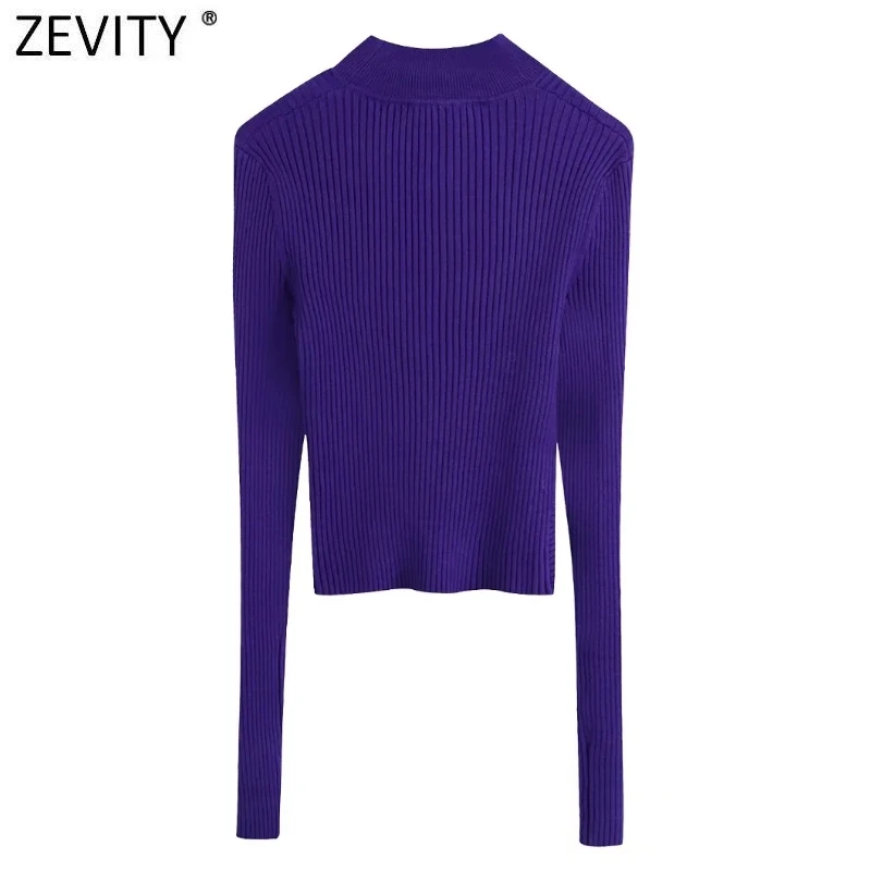 Zevity New Women Sexy Stand Collar Hollow Out Cross Design Short Knitted Sweater Lady Chic Long Sleeve Pullover Crop Tops SW1071