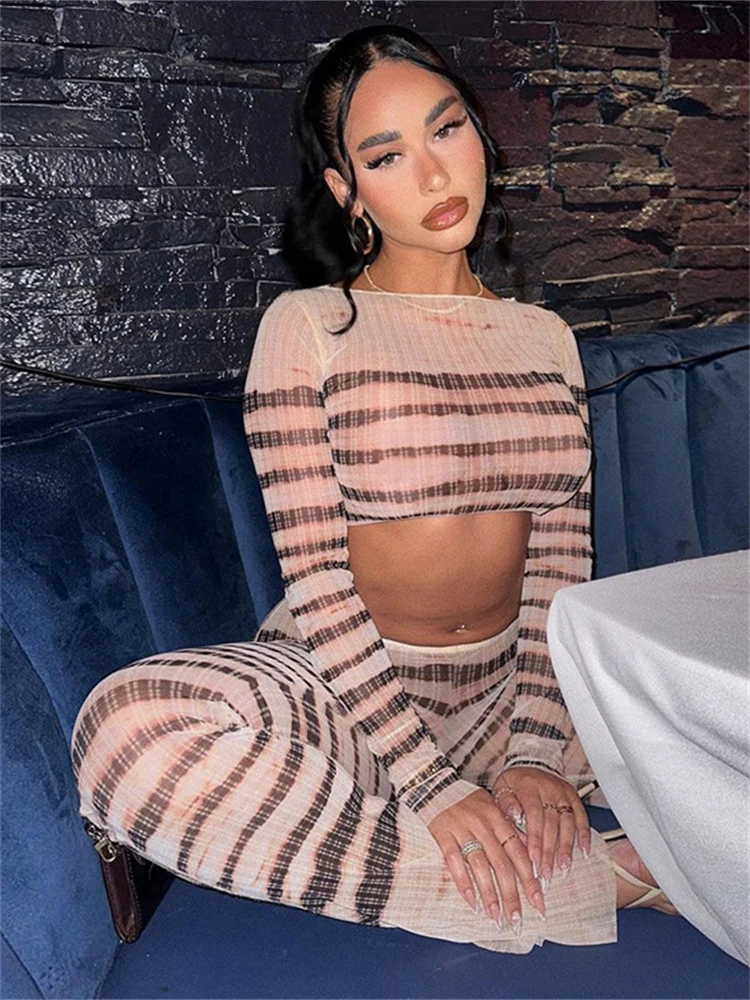 Aualay Summer Apricot Striped Mesh 2 Two Piece Set Night Party Outfits For Women 2024 Sexy See Through Crop Top And Pants Sets