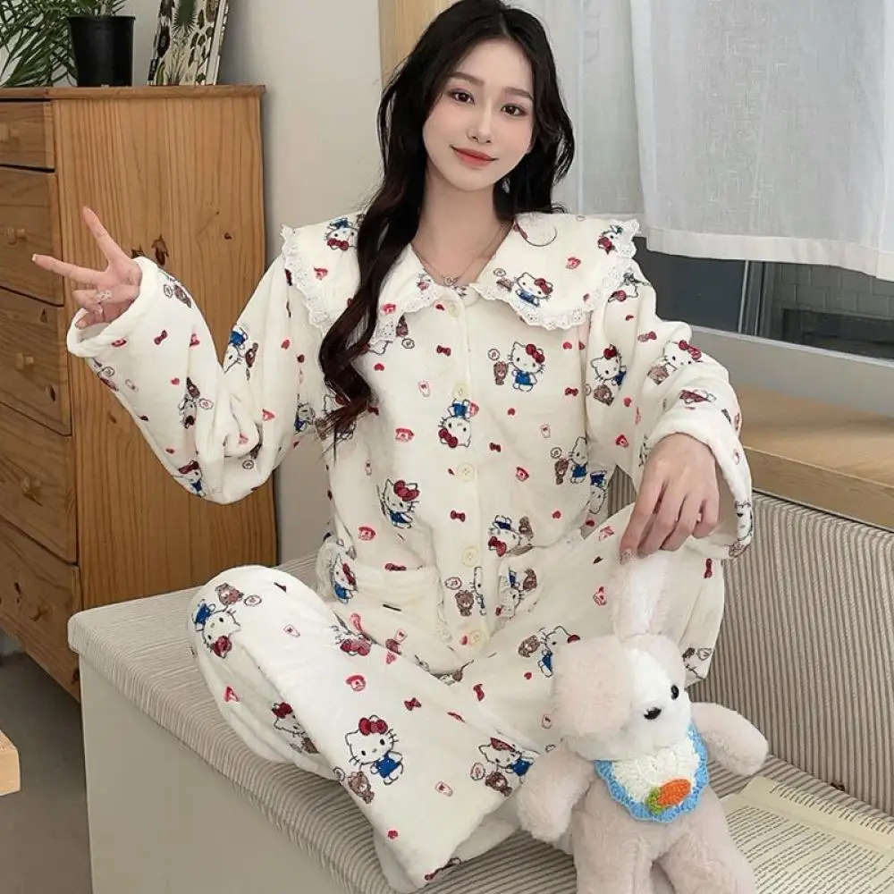

Фланелевой пижамный комплект, женский кукольный воротник, аниме «Hello Kitty», осень-зима, кавайная утолщенная ночная рубашка, милый комплект домашней одежды для девочек