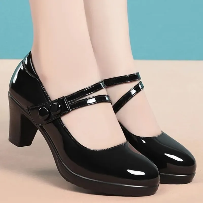 Women Fashion Black Pu Leather Office Square Heel Pumps Lady Casual Sweet Light Weight Comfort Spring Summer Heel Shoes H1173