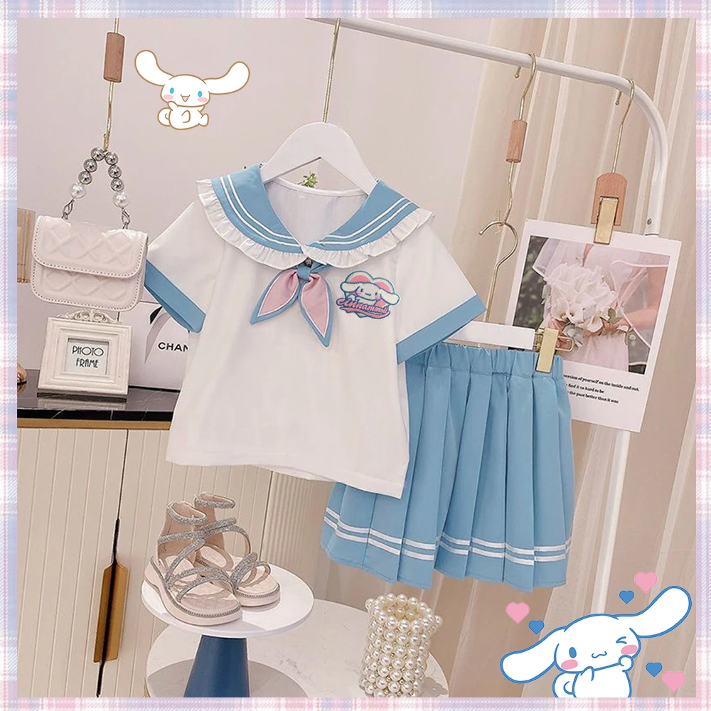 

Cinnamoroll Sanrioed Girls' Clothing Anime Jk Y2K New Dresses Short-Sleeve Short Skirts Kawaii Shirt College Style Pleated Skirt