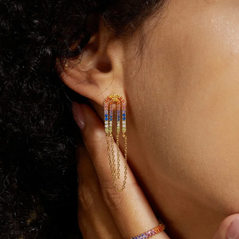 Long Tassel Earrings 18K Gold Inlaid with Colored Baby Stones PT950 Platinum Earrings Light Luxury Internet Celebrity