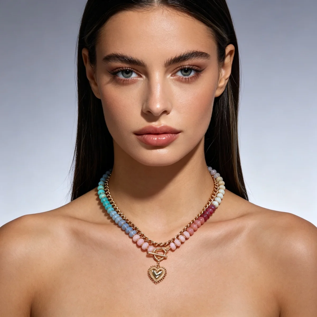 Y2K-Halskette mit Herzanhänger aus farblich abgestuften Harzperlen für Damen und Herren, Liebesherz, bunte Acrylperlen, Choker, ästhetischer Schmuck – Detail 6