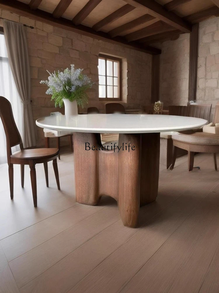 

Vintage Solid Wood Round Dining Table Walnut Color Retro Creative Round Dining Table