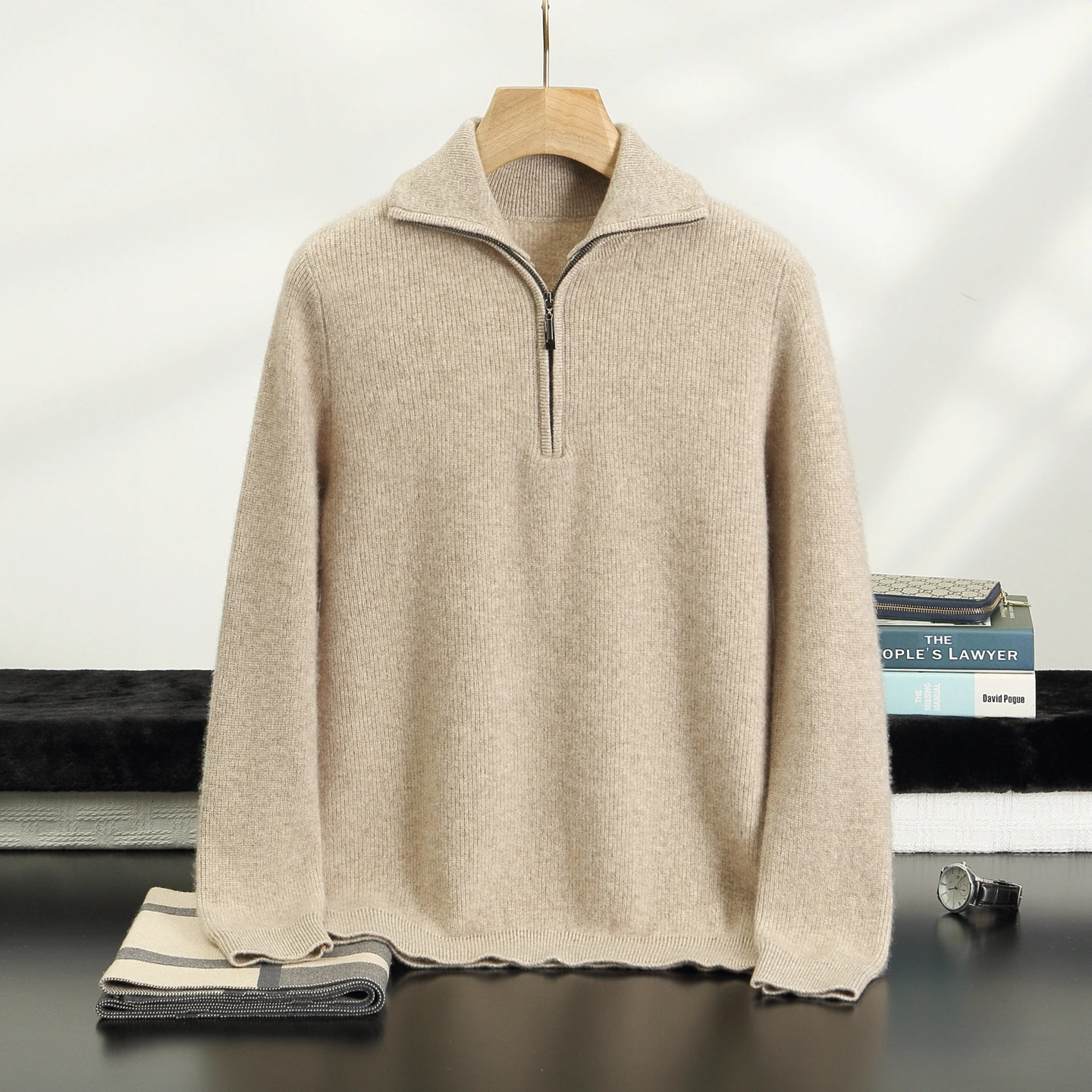 Men's 100% Cashmere Half Zip Sweater With A lapel And Long Sleeved Knitted Pullover For Business And Leisure, Warm Thick Sweater