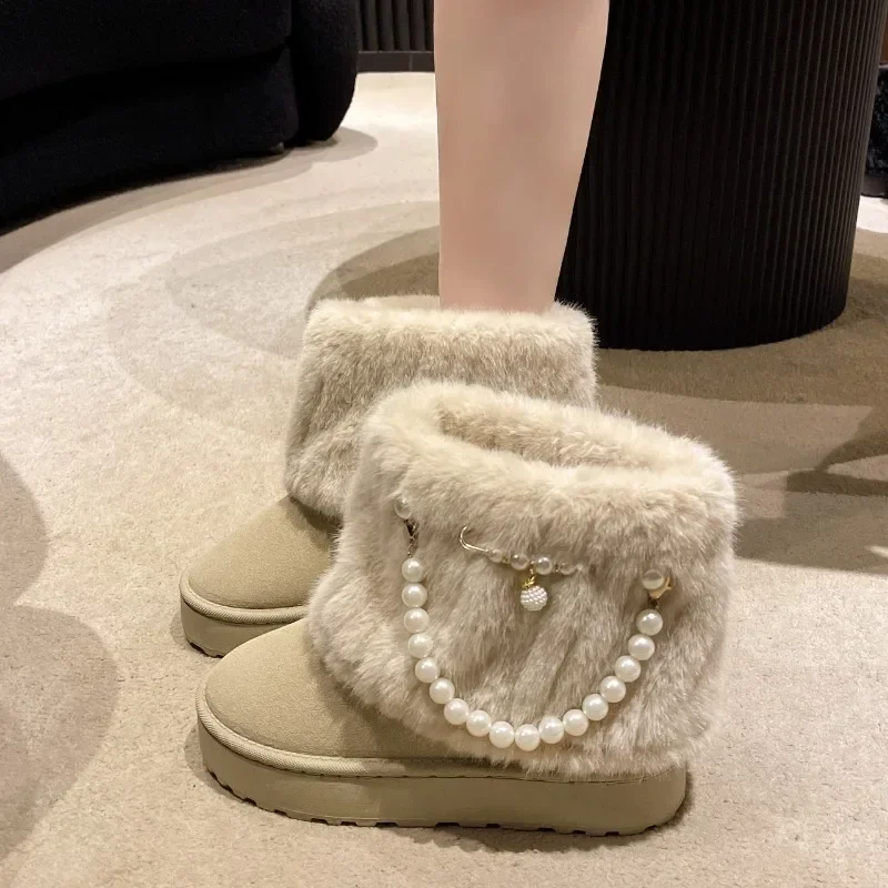 

New 2024 Fashion Women Plush Warm Snow Boots Ladies Outdoors Winter Flats Ankle Boots Luxury Designer Fur Shoes Mujer Botas