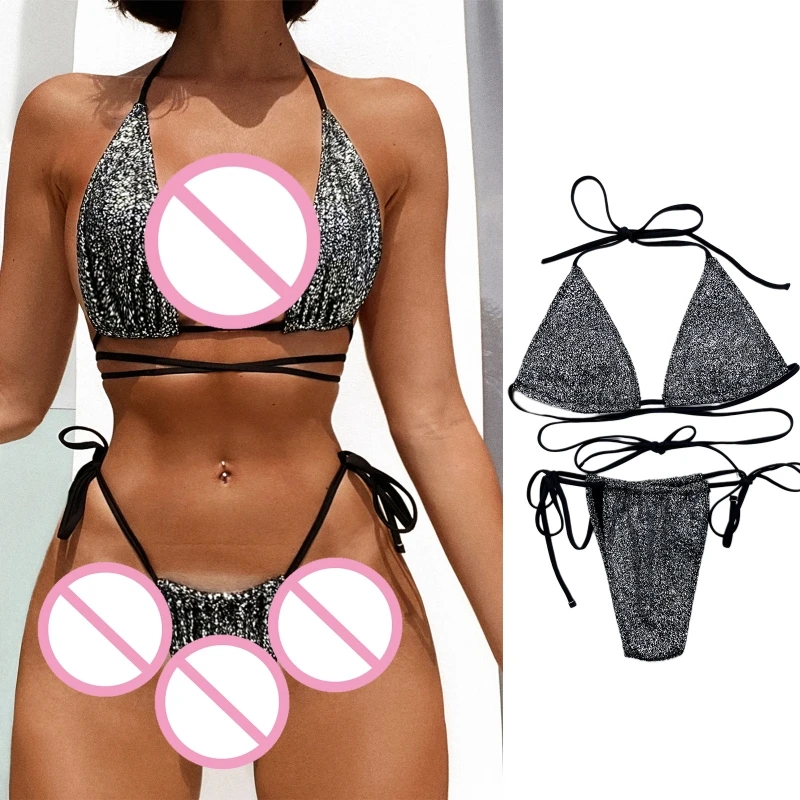 

Women 2Pcs Sexy Bikini Set Solid Color Side String Swimsuit Glitter Triangle Bra Top with Thong Pants Bathing Suit Beachwear