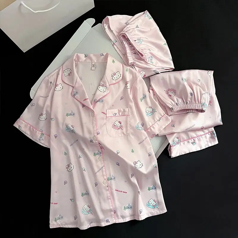 Hello Kitty Pink Pajamas for Women Summer Ice Silk Short-sleeved Trousers Three-piece Set Summer Cool Home Clothes Girl Gift