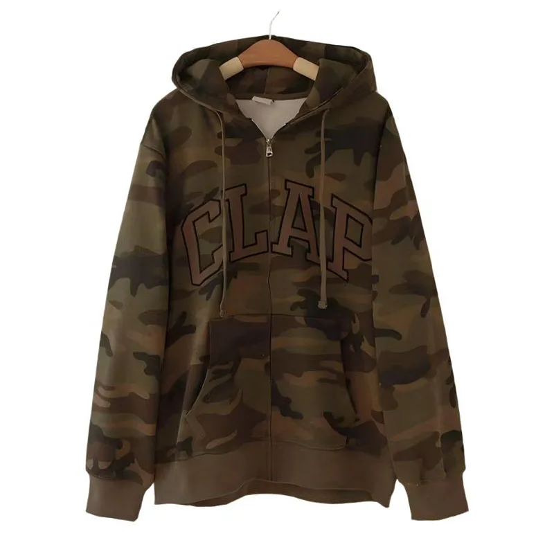 

Унисекс худи на молнии с камуфляжным принтом и вышивкой букв, 80% хлопок, махровая ткань, свободный крой, повседневные толстовки с капюшоном