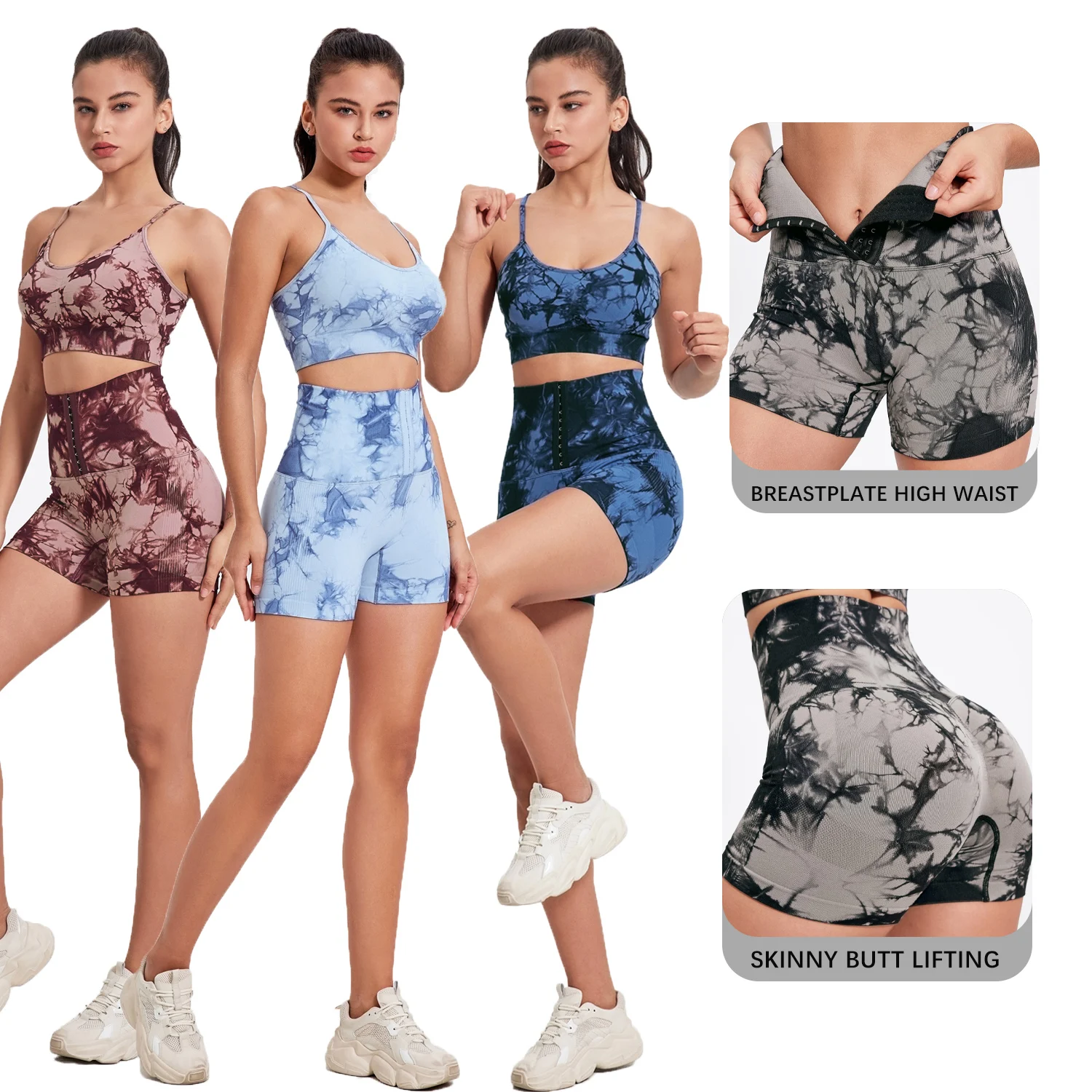 CHRLEISURE Breastplate Short 2 Piece Sets Women Outfit Push Up High Waist Tie Dye Shorts Sets Activewear Running Corset Top