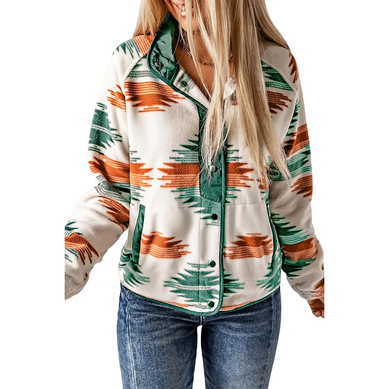 Winter new women s outerwear ethnic style printed cardigan fashionable and versatile contrasting color thick jacket