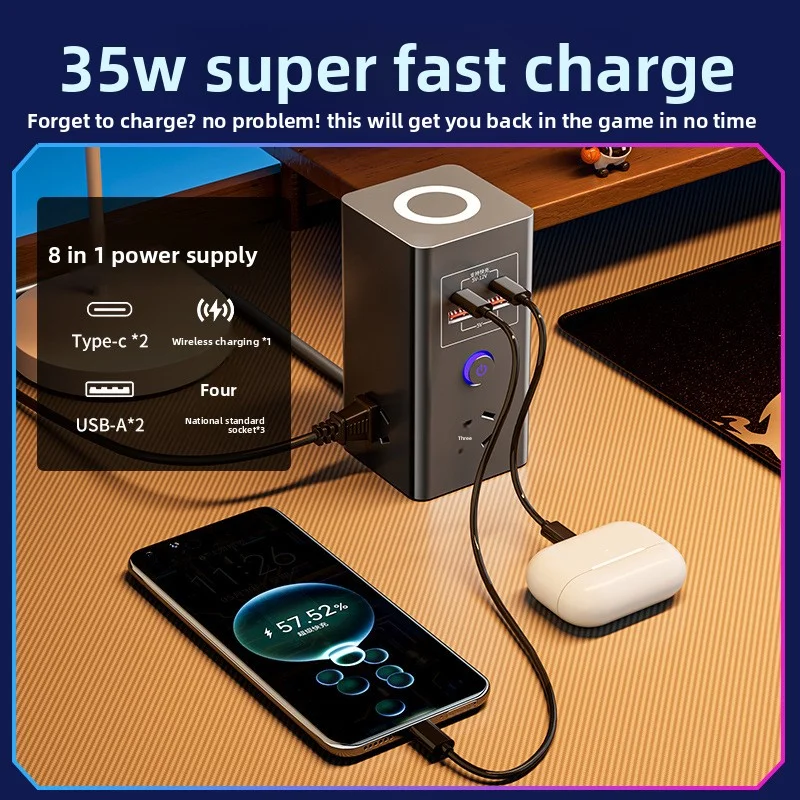 

8-In-1 Multifunctional Wireless Charging Socket With Usb Type-C * 2 35w High Power Fast Charging Plug Ac220-250v Desktop Socket
