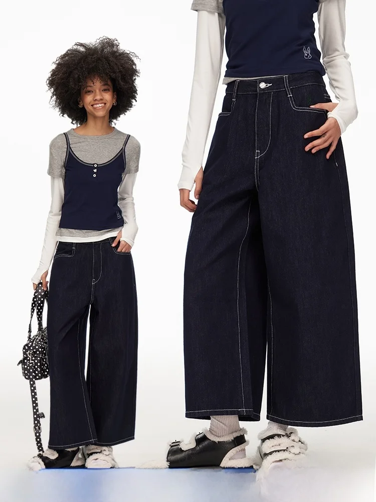 

DNT Wide Leg Jeans Women's Loose Fit Nine Points Straight Tube Jeans Retro Design Natural Waist Cotton Blend Deep Color