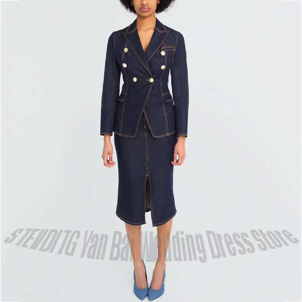 High Quality Denim Suit For Women 2 Piece Elegant Office Lady Tailored Fit Double Breasted Skirt Set Formal Work Party Wear