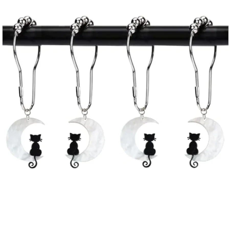 

Крючки для занавески для душа с черным котом и луной, украшение для ванной комнаты, 12 шт., металлические милые забавные кольца для занавески для душа с защитой от RF