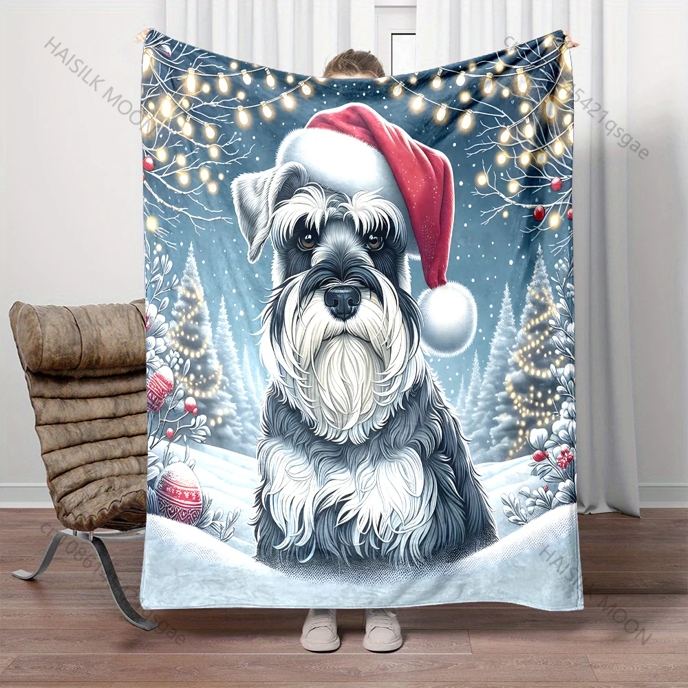 

Christmas Lights Schnauzer Print Blanket Flannel Material Soft Warm for All Seasons, Home Outdoor Camping Picnics Luxury Gifts