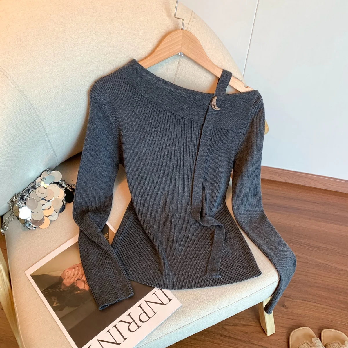 

Emily Clud Recommended Design Sensation oulder Bared Long Sve Knitted Base Top Women's Faion Soft Fabric Commute Suitable