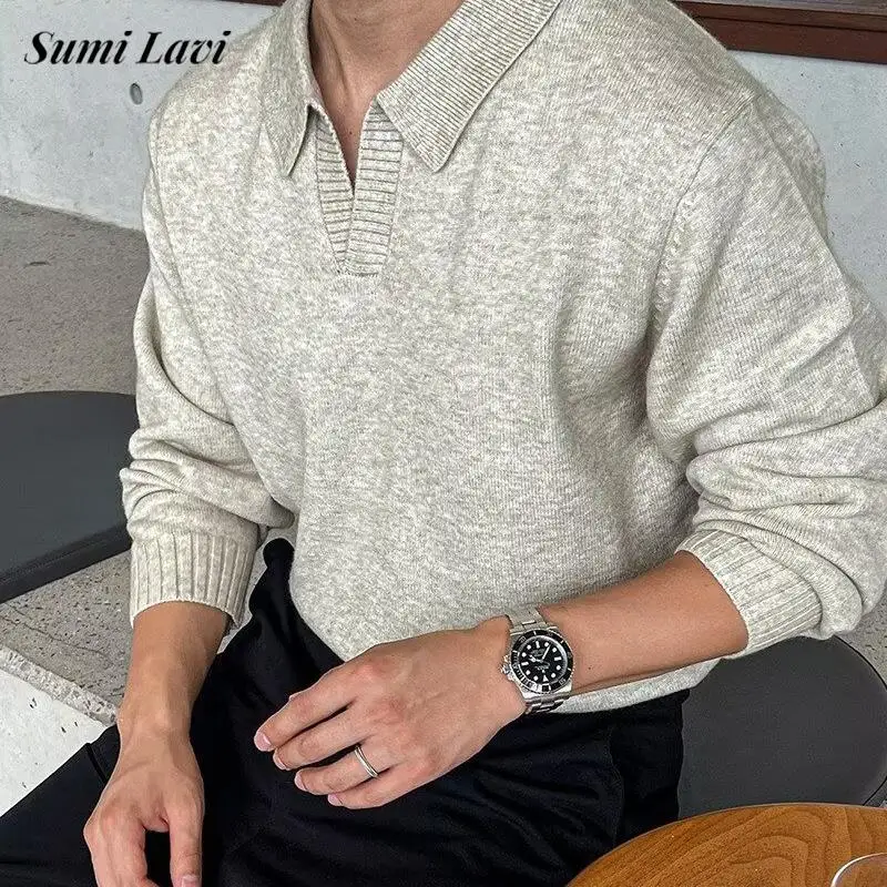 

Стильные мужские приталенные свитера Вязаные поло с длинным рукавом Однотонные джемперы для мужчин Осень-зима Повседневные вязаные рубашки поло