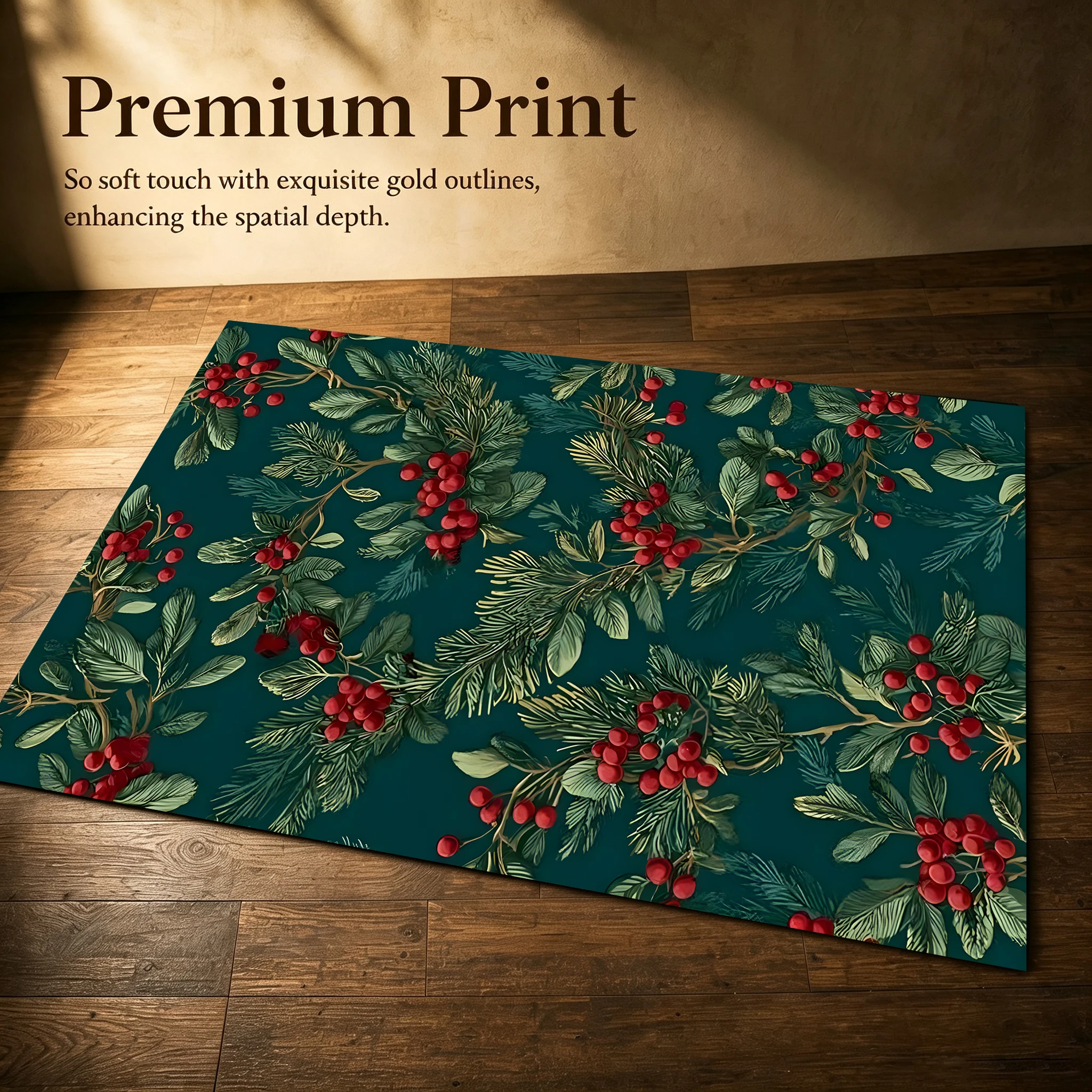 Ink Background Red Berry and Pine Branch Print Vintage Natural Style Autumn and Winter Velvet Rug, Suitable for Living Room and Bedroom, Creating a Warm Autumn Harvest Atmosphere