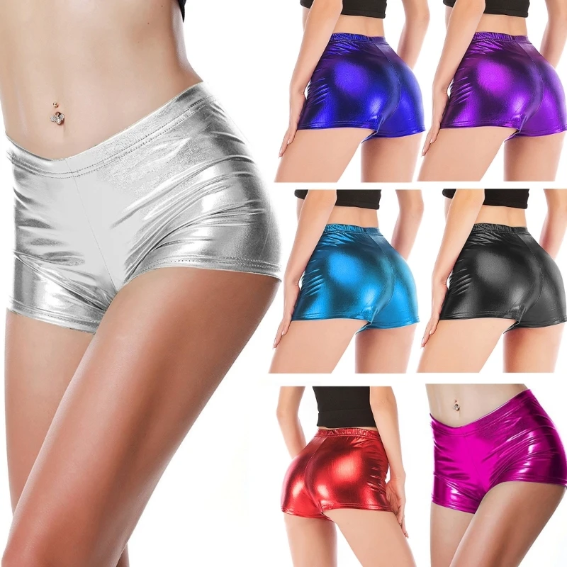 Sexy Womens Shorts Glitter Elastic Waist Faux PU Leather Metallic Solid Short Pant Clubwear Mini Shorts