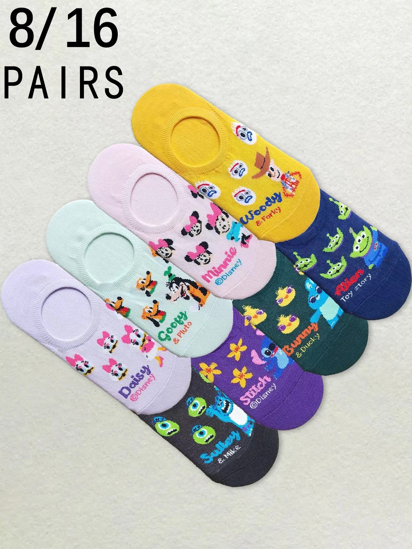

8/16 Pairs of miniso new Fashion Disney Cartoon Character Pattern Comfortable Breathable Ladies' boat socks