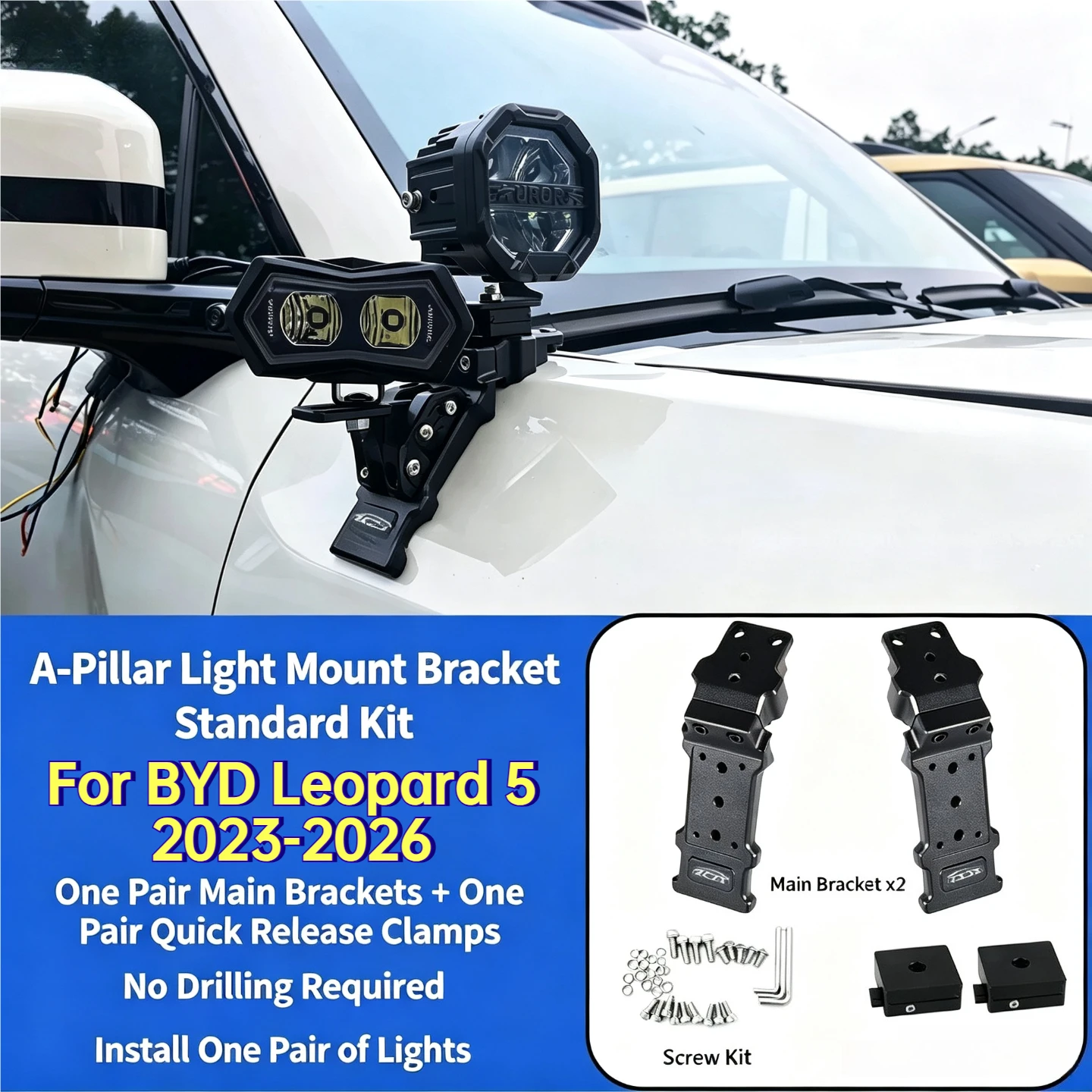 For BYD Leopard 5 / Denza B5 2023-2026 Y-Series A-Pillar Extension Bracket Modified Hood LED Dual Light Quick-Release Lamp Stand