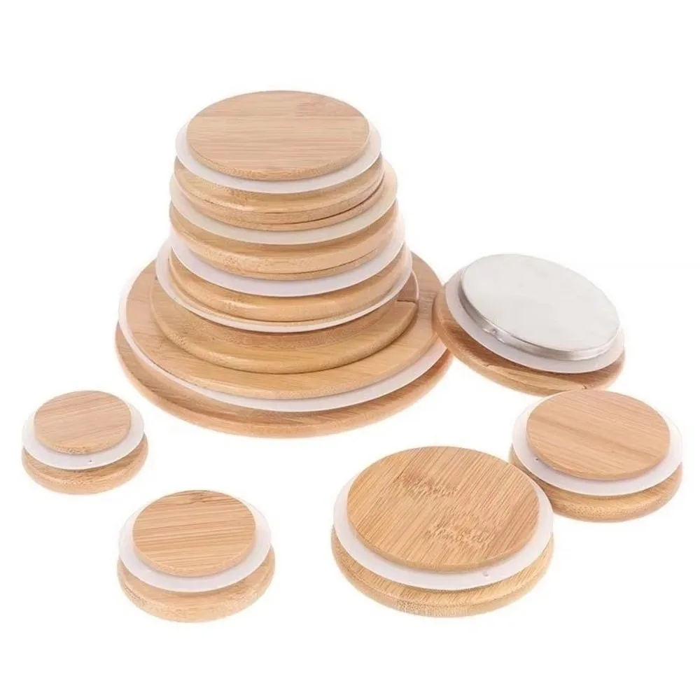 Portable Reusable Bamboo Lids Non Leakage Silicone Sealing Wooden Covers Thicken Jar Canning Caps Drinking Jar Supplies