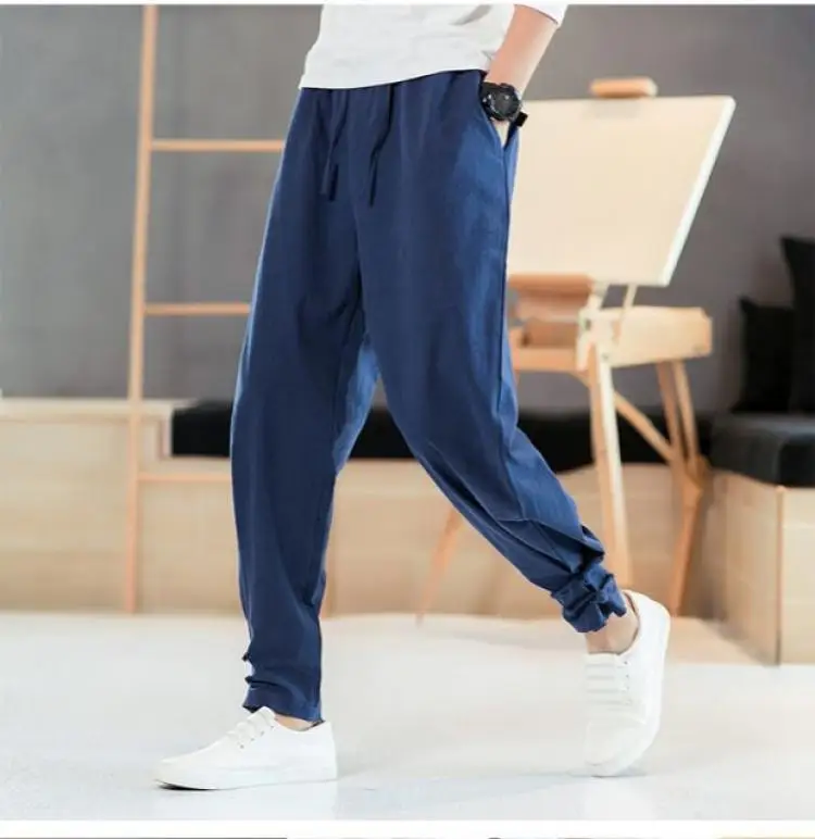 Retro Chinese Style Cotton and Linen Trousers for Men Loose Buckles Tying Feet Harun Casual Pants