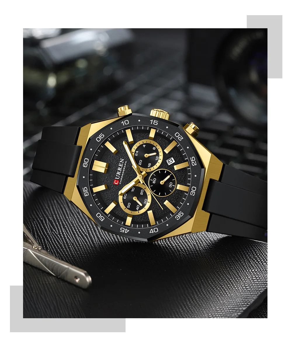 CURREN Herren Sport-Chronograph-Uhr mit Silikonarmband, Multifunktionszifferblatt mit Datum, Leuchtzeigern, Casual Quarz-Armbanduhr – Detail 16
