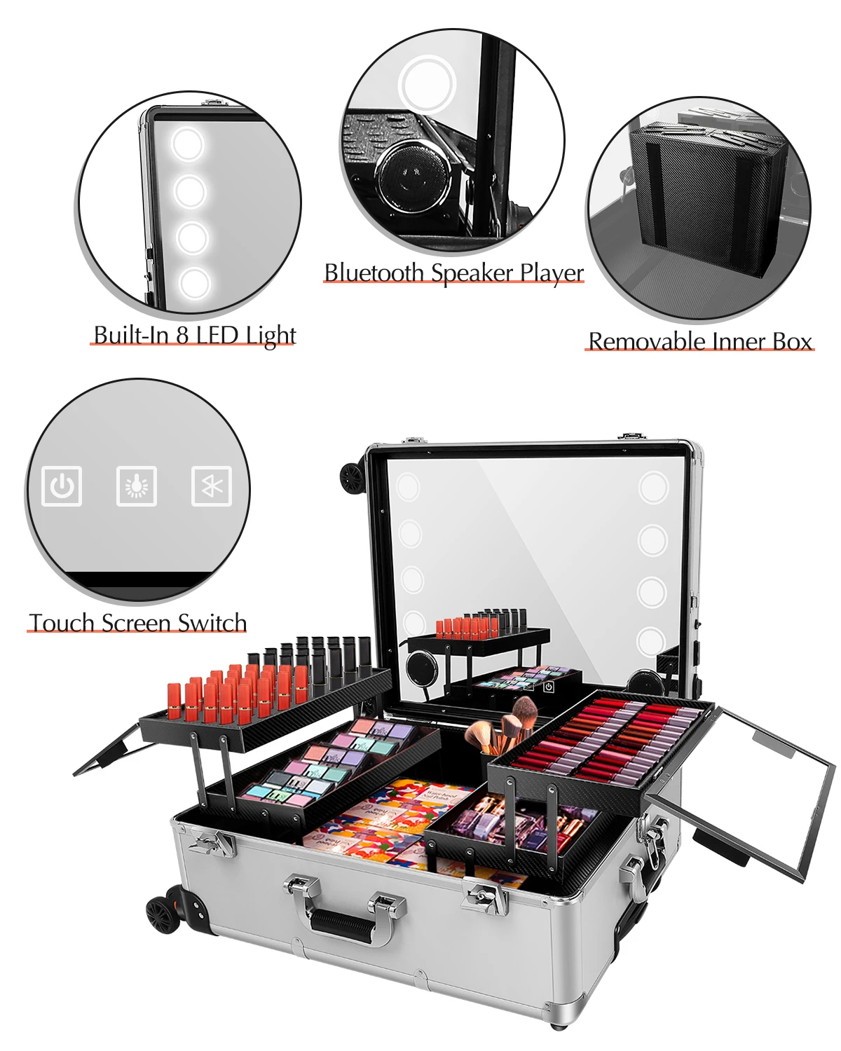 Aluminum Trolley Makeup Train Case with 8 LED Light 24'' Rolling Cosmetic Organizer Studio Speaker Make up Artist Free Standing