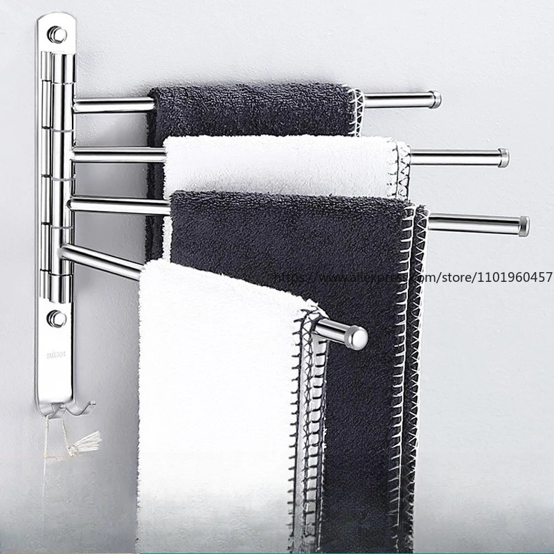 

Вращающаяся вешалка для полотенец для ванной комнаты, складная передвижная вешалка для полотенец, без перфорации, вешалка для ванной комнаты из нержавеющей стали 304, четыре стержня