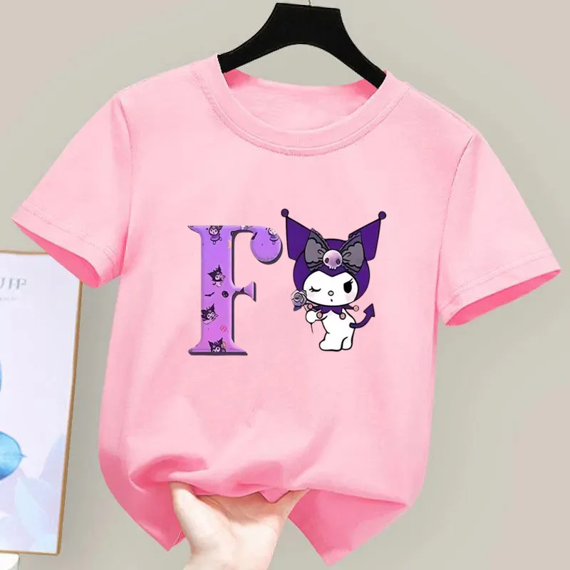 

Kuromi Letter A-Z T-shirts Kids pink Clothing Children's Short-sleeved Tops Sanrio Leisure Clothes Girls Cotton Tees Kawaii