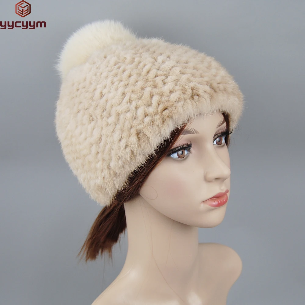 

2025 New Style Russian Fashion All-Match Soft Solid Color Adjustable Christmas Hat Women'S Winter Warm Full Mink Fur Beanies Hat