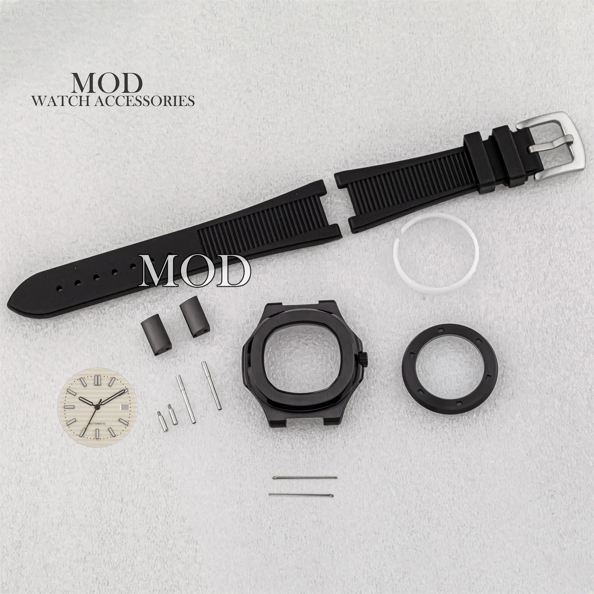 41mm NH35 Case Rubber Bracelet PVD Black Stainless Steel Watch Case Green Luminous Dial Hands Fit Nautilus NH35 Movement Parts