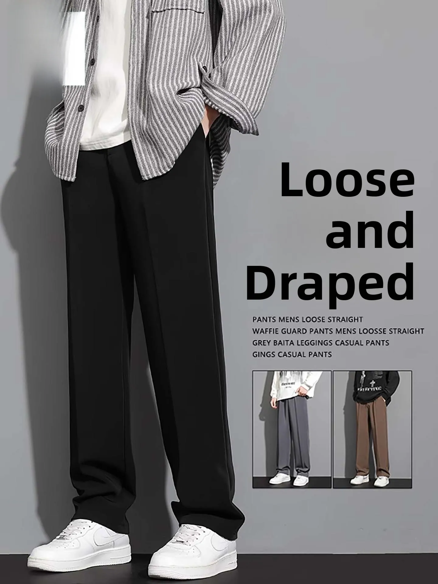 

Naini Men's Summer Ice Silk Loose Casual Pants Straight Leg Wide Leg Black Suit Loose Fit Youthful Style Polyester Fiber