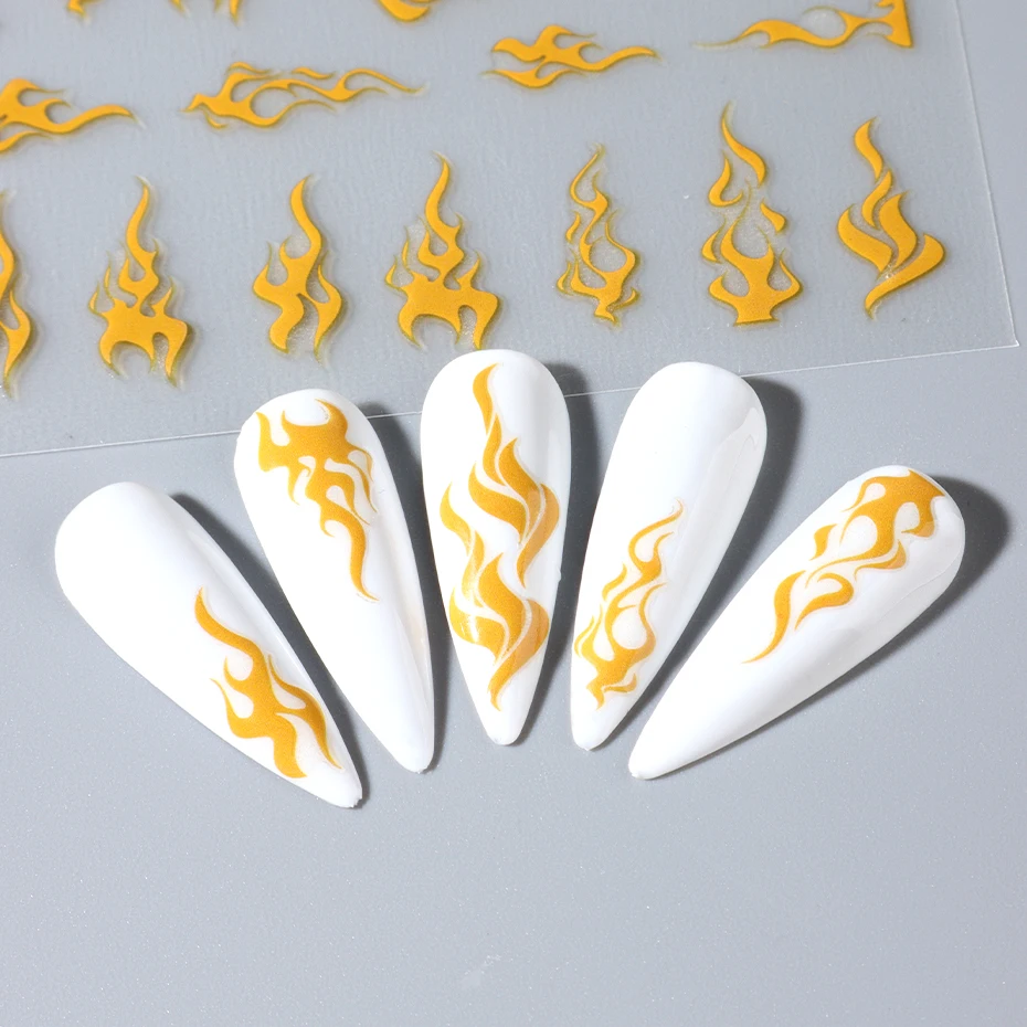 2Pcs Fire Flame Nail Stickers Gold Red Torch Light cursore autoadesivo linee a righe decalcomanie per unghie Manicure Decor accessori fai da te