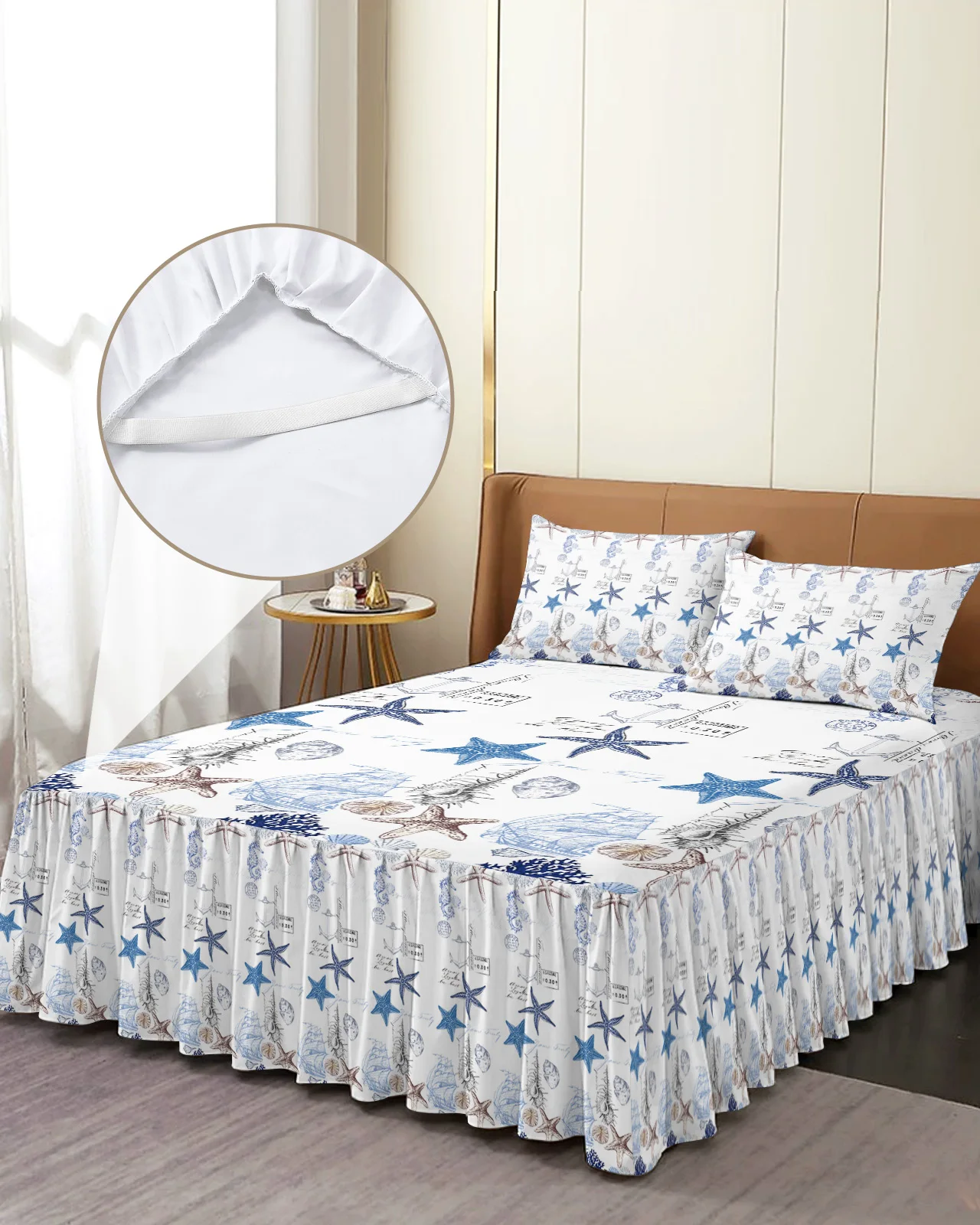 Marine Texture Seashells Starfish Seahorse Bed Skirt Fitted Bedspread With Pillowcases Mattress Cover Bedding Set Bed Sheet