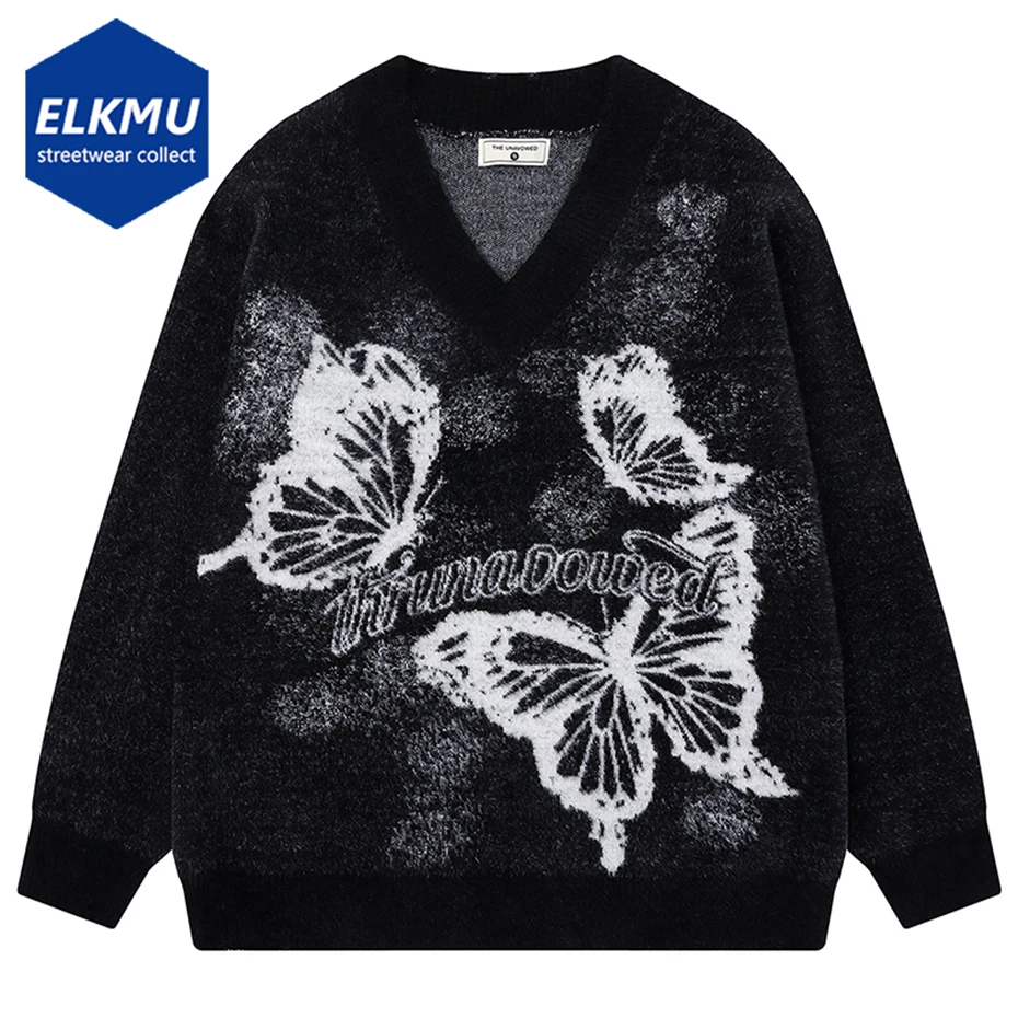 

Butterfly Graphic Sweaters Unisex V-neck Y2K Sweaters Knit Jumpers Streetwear Harajuku Hip Hop Oversized Sweaters