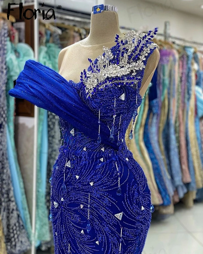 Personalizado fora do ombro frisado Dubai vestido de festa, Vestidos formais elegantes do baile, Vestidos de noite de casamento, Sereia azul royal, 2023, novo