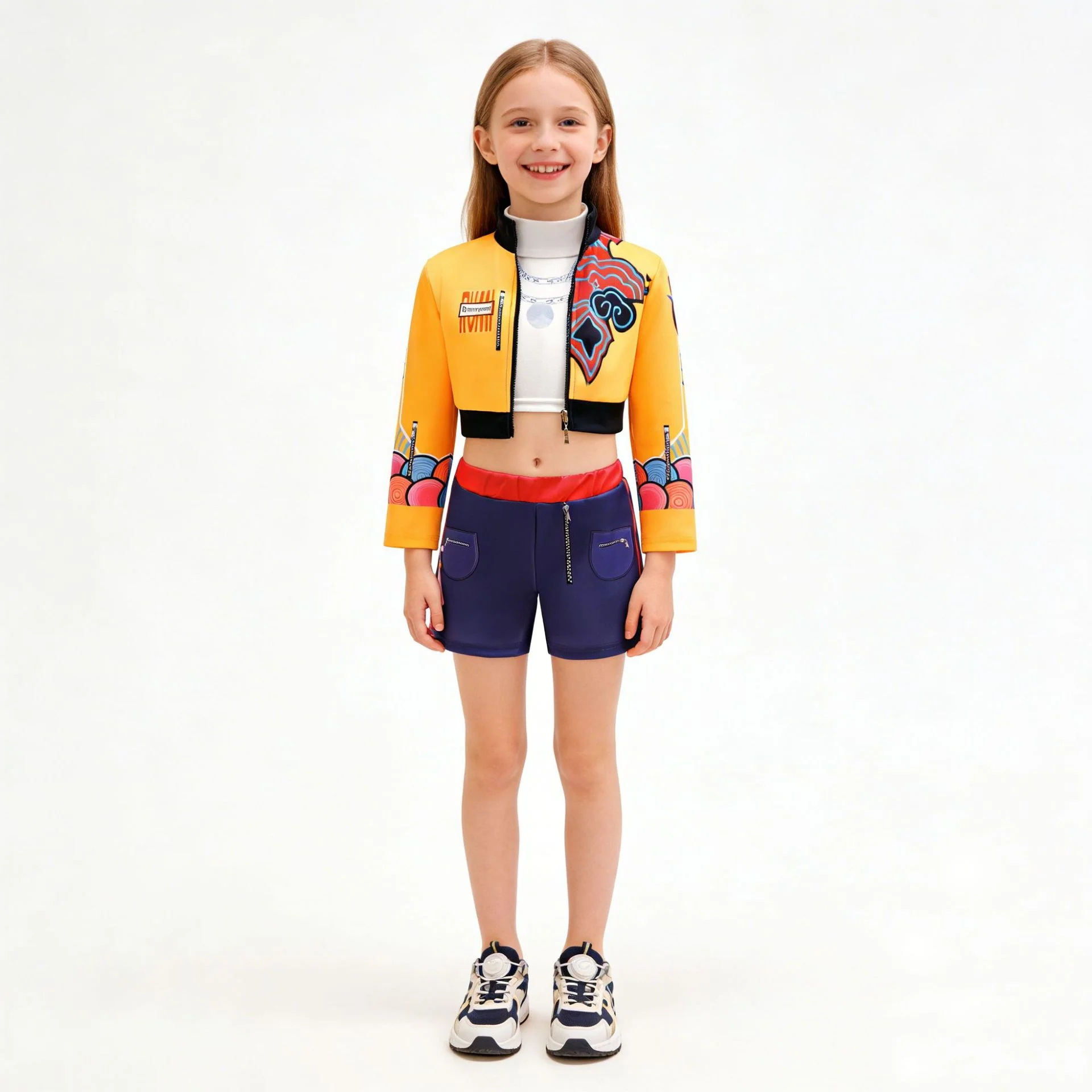 Mädchen-Cosplay-Kostüm-Set im Street-Style mit Graffiti-Print, kurze Jacke, Shorts für Halloween, Geburtstagsfeier, Rollenspiel – Detail 7