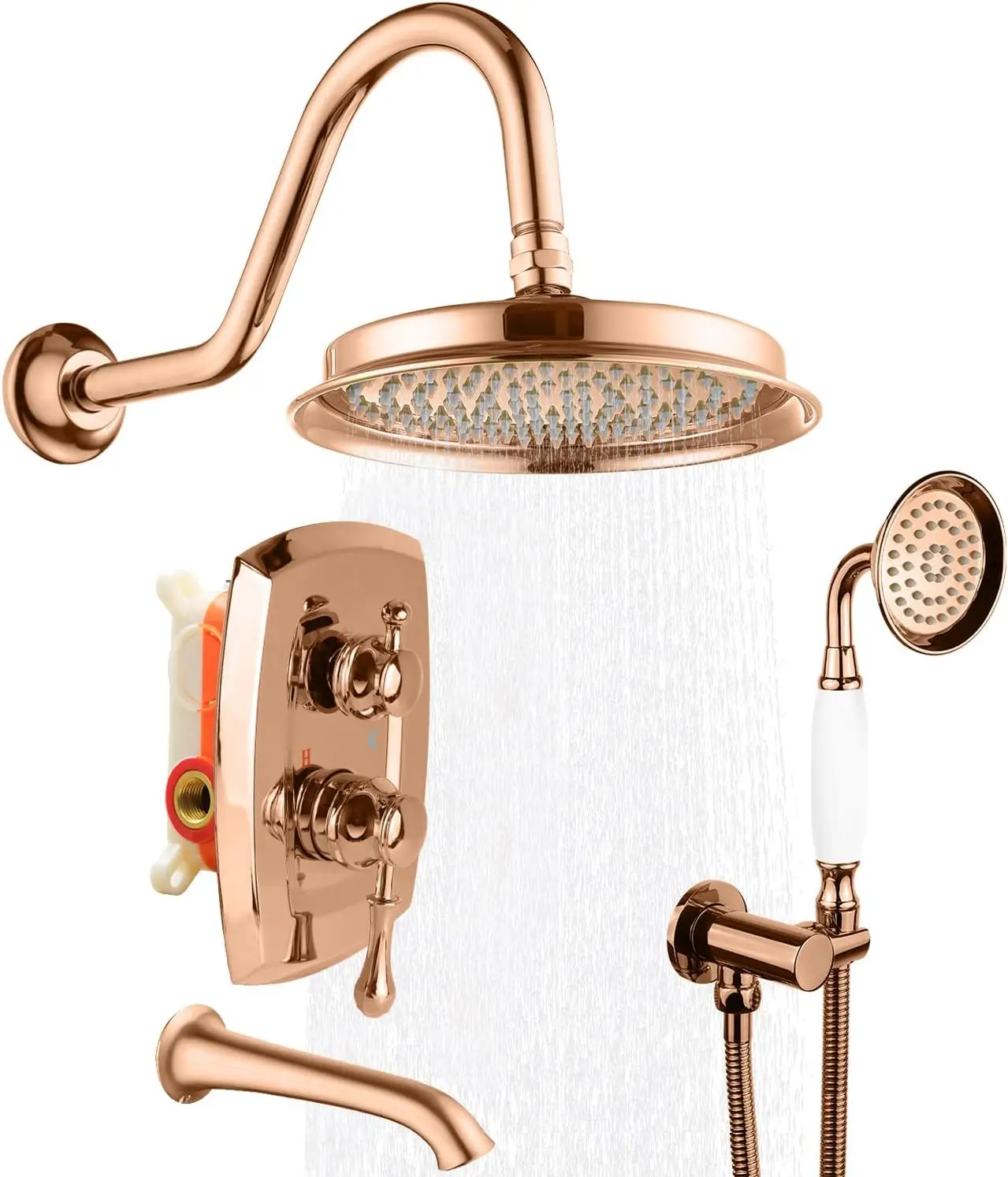 Antique Rain Shower-Faucet Set System With Tub Spout, 9 Inch Rainfall Head And Vintage Handheld Spray, 3 Way Diverter Brass