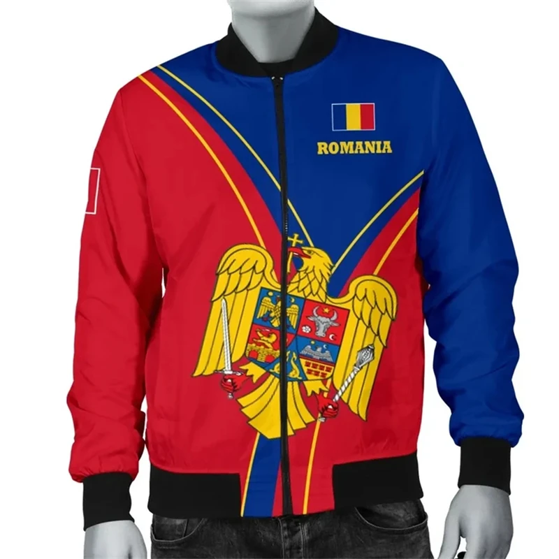 2024 Newest Romania Flag Pattern Mens Bomber Jackets Daily Casual Fitness Gym Coat Romanian National Emblem Print Flight Jacket