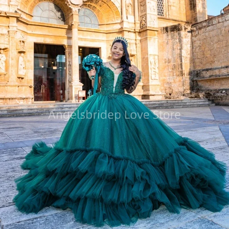 

Angelsbridep Ruffle Tulle Emerald Green Beading Ball Gown Quinceanera Dresses 2025 Off Shoulder Vestidos De XV 15 Anos