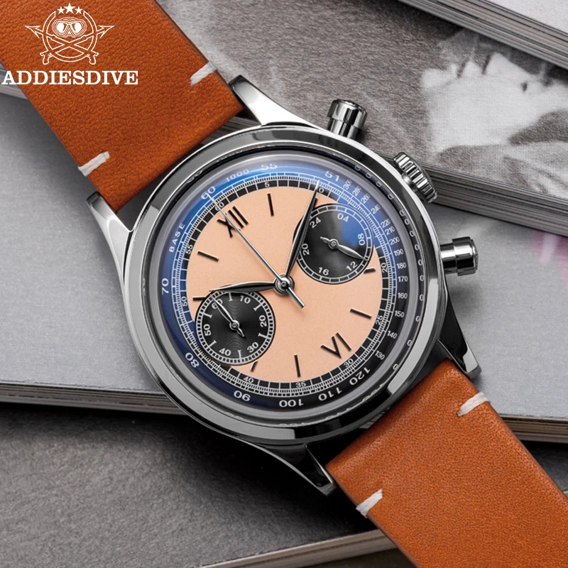 ADDIESDIVE 38mm Men's Watch Chronograph Leather Strap 100m Waterproof Wristwatch AR Coating Glass Quartz Watch for Men